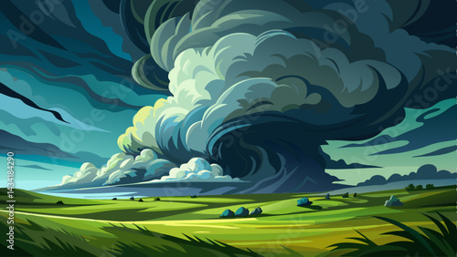Very beautiful Acaptivating view of dark, dramatic storm clouds rolling over a vast green field, creating a unique contrast and a sense of impending weather changes in nature.
