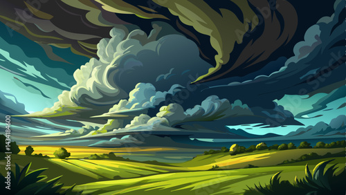 Very beautiful Acaptivating view of dark, dramatic storm clouds rolling over a vast green field, creating a unique contrast and a sense of impending weather changes in nature.