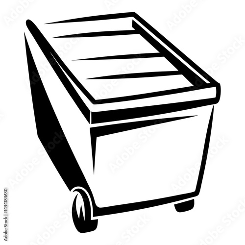 Cartoon black and white image of a wheeled trash container on wheels