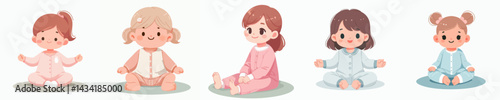 Vector collection of a baby girl sitting pose happily wearing a nightgown