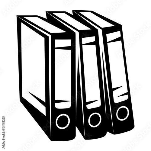 Three ring binders in a row, minimalist design, black and white image