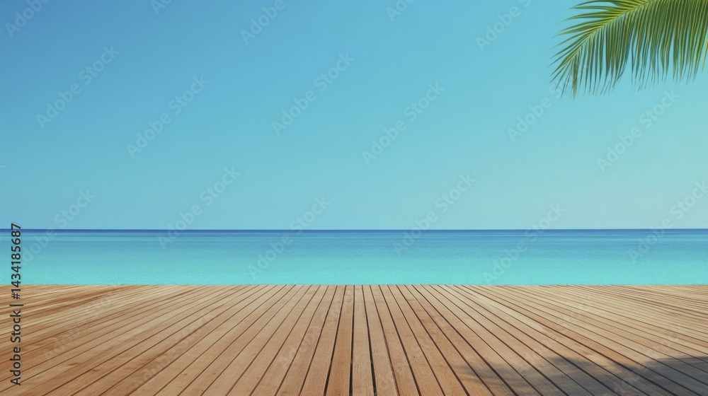 Fototapeta premium Idyllic tropical seaside scene featuring tranquil turquoise ocean and wooden deck under clear sky with a palm frond.