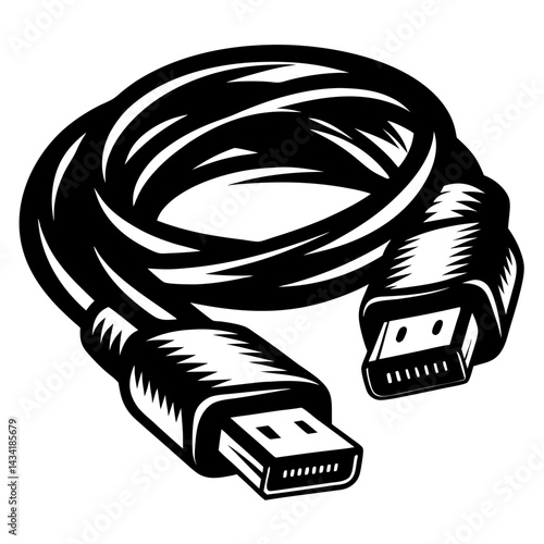 Monochrome illustration of a coiled universal serial bus cable with connectors