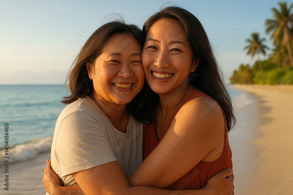 Asian lesbian couple smiling warmly on a sunset beach. AI-generated