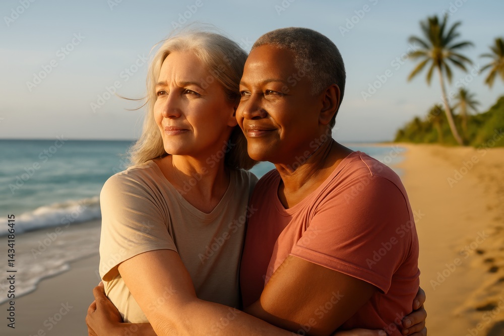 Senior lesbian couple embracing on a peaceful tropical beach. AI-generated
