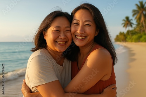 Asian lesbian couple smiling warmly on a sunset beach. AI-generated