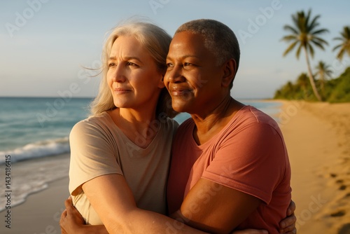 Obraz na płótnie Senior lesbian couple embracing on a peaceful tropical beach. AI-generated w salonie