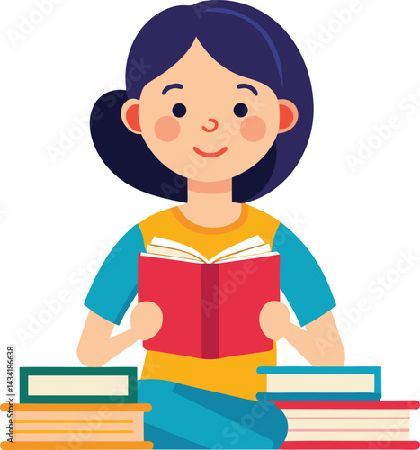 Girl reading a stack of books