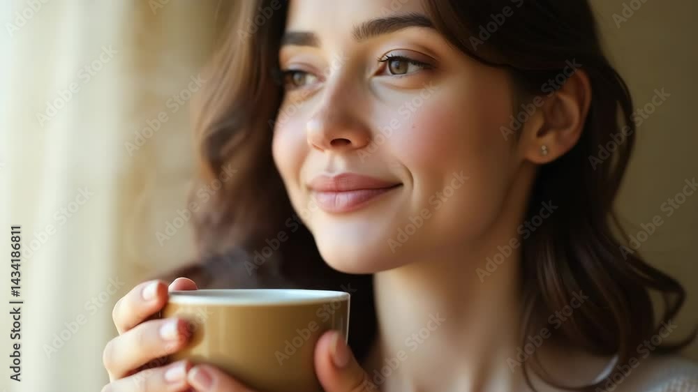 Young woman enjoying a warm drink by the window Young woman enjoying a warm drink by the window