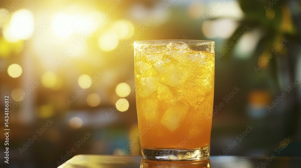 Refreshing beverage with ice cubes in glass, placed on reflective surface with golden light bokeh background Refreshing beverage with ice cubes in glass, placed on reflective surface with golden light bokeh background