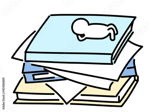 たくさん積み上げられた書類の上でだらける人