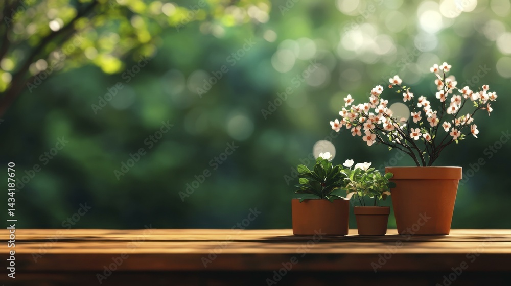 Potted plants adorn wood surface against green foliage, creating a serene and fresh garden atmosphere with nature elements. Potted plants adorn wood surface against green foliage, creating a serene and fresh garden atmosphere with nature elements.