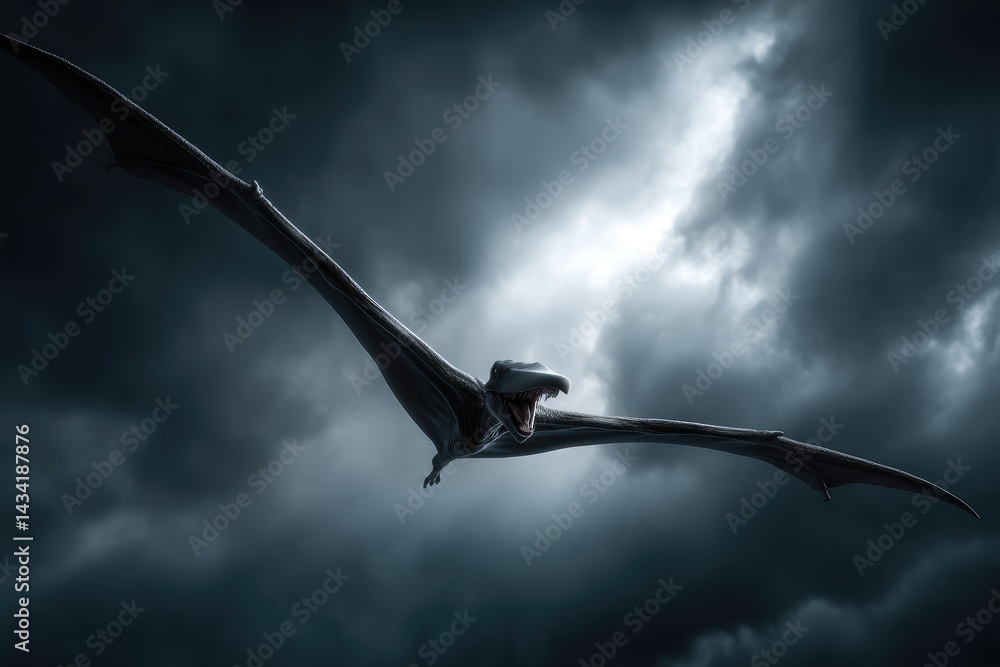 Obraz premium A dramatic prehistoric creature soars through a stormy sky.