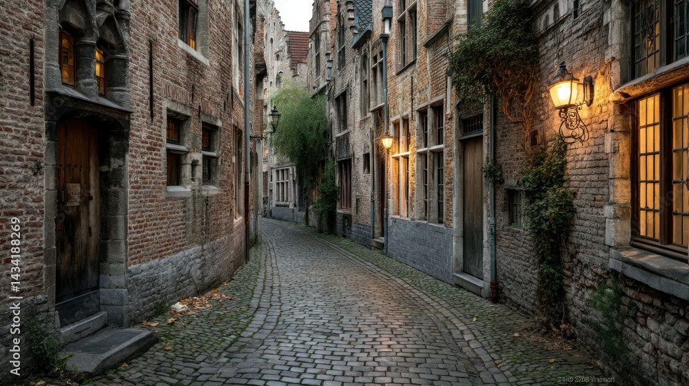 Fototapeta premium Cobblestone street winding through old brick buildings