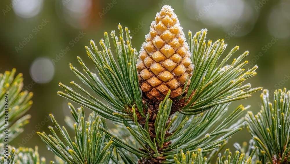 Frosty pine cone on branch, forest bokeh, nature card Frosty pine cone on branch, forest bokeh, nature card