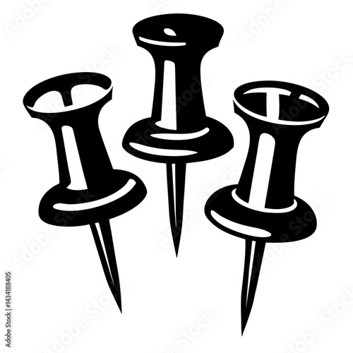 Black and White Illustration of Three Push Pins Ready to Secure Information