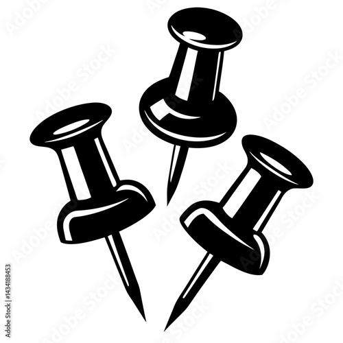 Monochrome Illustration of Three Black Push Pins on a White Background Surface