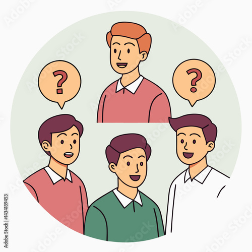 Group of men in discussion with question marks