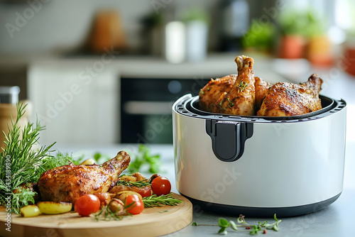 Wallpaper Mural Deliciously cooked chicken legs in an air fryer, with fresh herbs and vegetables on a kitchen counter Torontodigital.ca