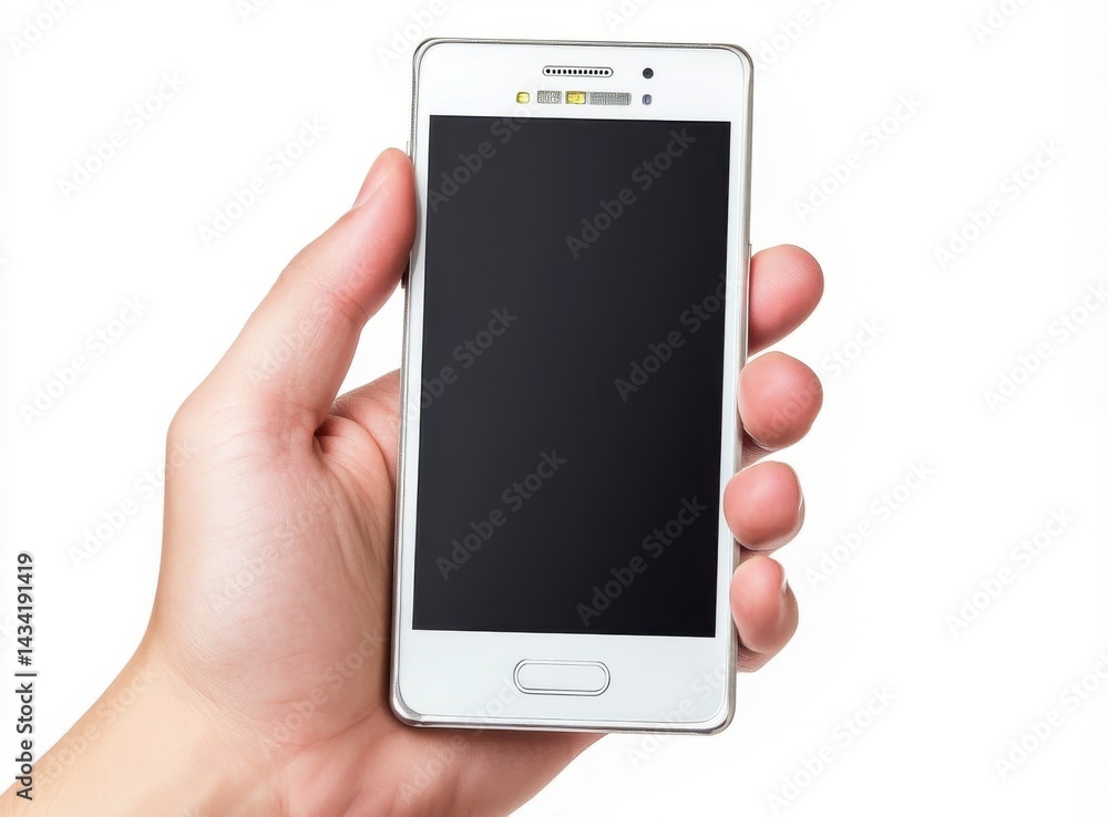 A hand holding a white smartphone with a black screen A hand holding a white smartphone with a black screen