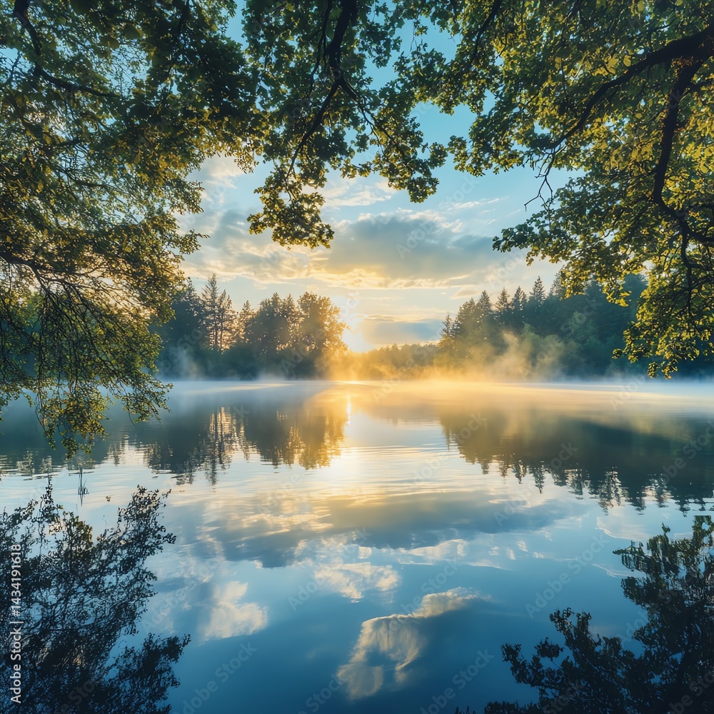 Fototapeta premium Captivating sunrise calmness over serene lakeside nature photography peaceful environment tranquil viewpoint immersive atmosphere