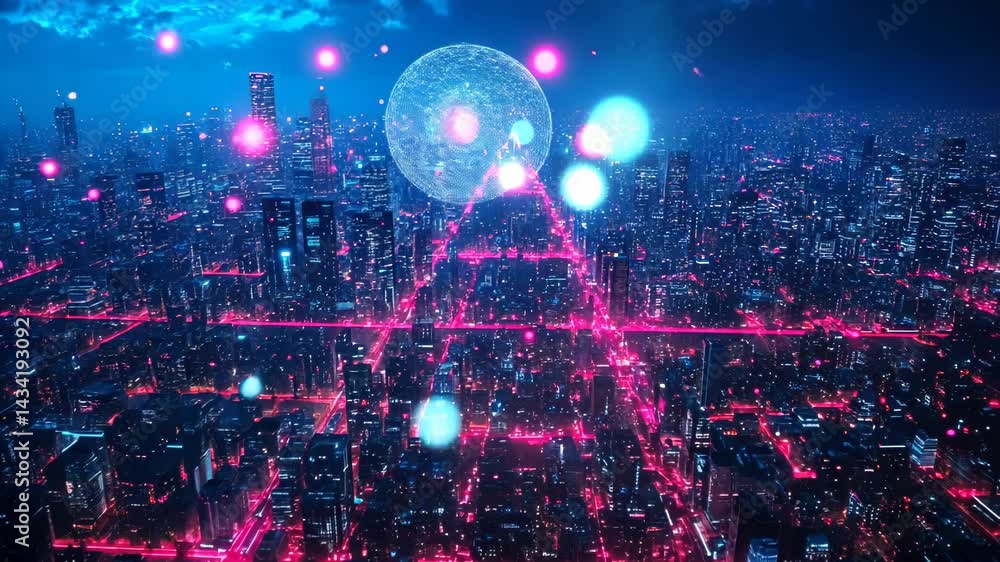 A futuristic city skyline illuminated with pink and blue neon lights, showcasing a vibrant and high-tech urban environment. A futuristic city skyline illuminated with pink and blue neon lights, showcasing a vibrant and high-tech urban environment.