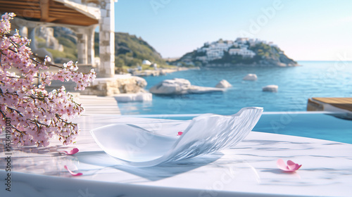 
A podium for product display, with a white marble texture and pink cherry blossoms on the left side of it. The background features an island in Greece, a blue sky, a sea view, and Greek architectural