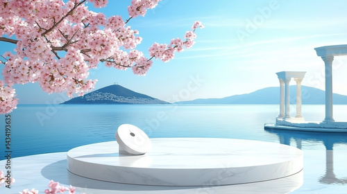 
A podium for product display, with a white marble texture and pink cherry blossoms on the left side of it. The background features an island in Greece, a blue sky, a sea view, and Greek architectural