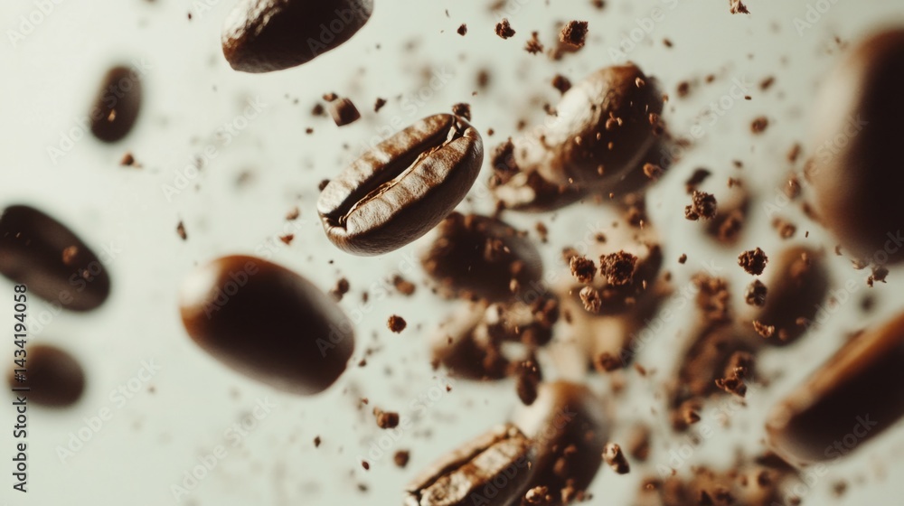 Fototapeta premium High-speed capture of coffee beans falling, rustic roasted beans on white background generative ai