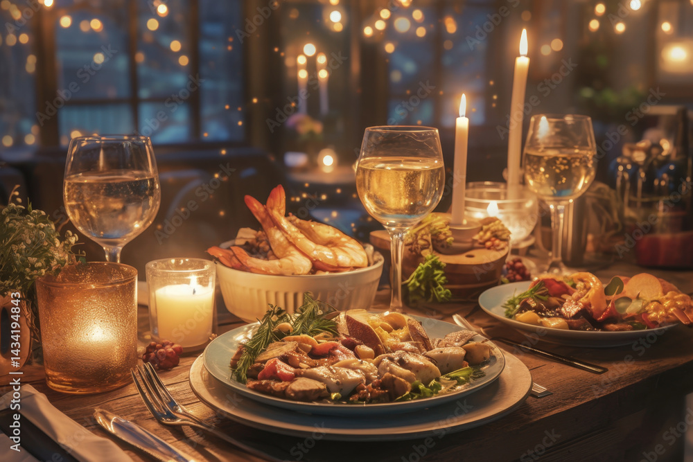 Table set with plates of food and glasses of wine, elegant and inviting.