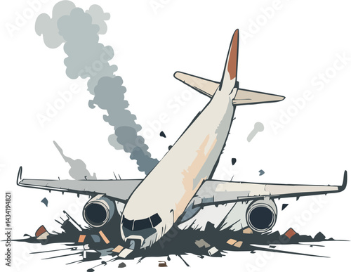 Vector Illustration of Passenger Jet Crash Landing with Debris Explosion and Smoke Trail