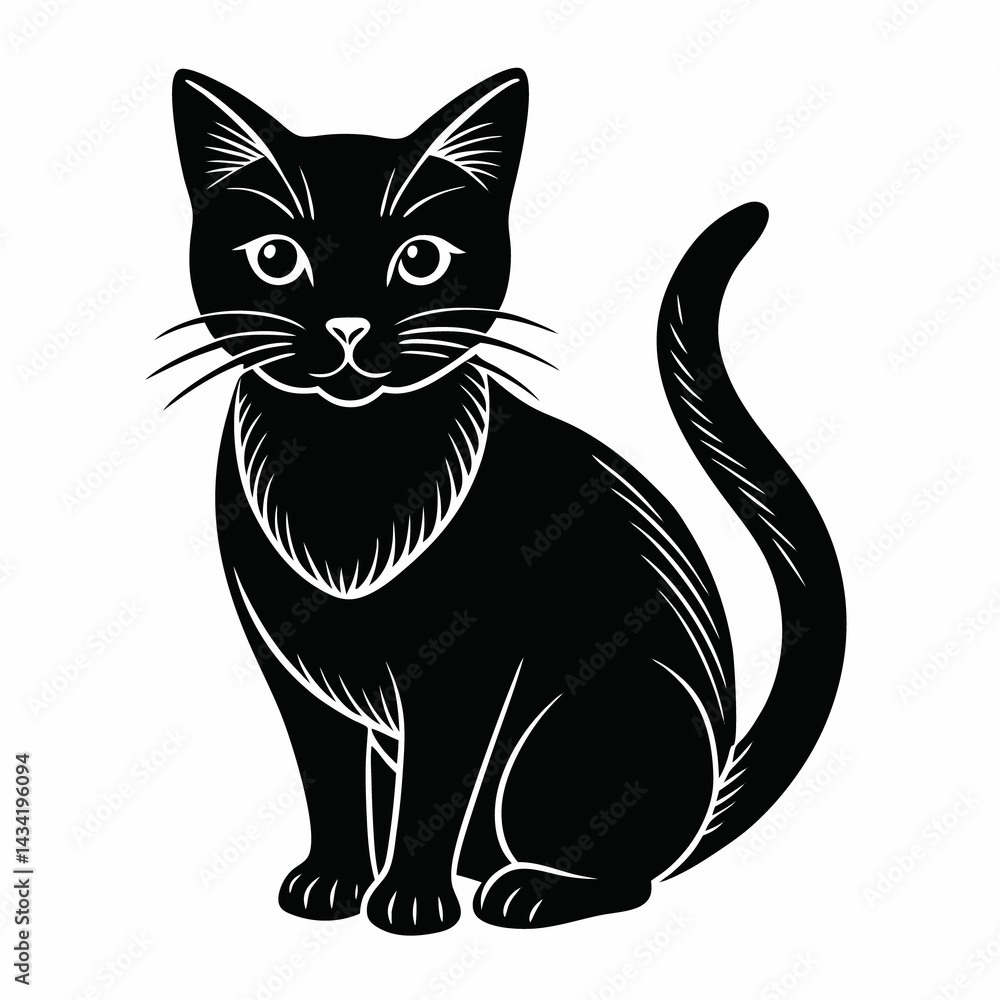 A silhouette of a black cat walking against a stark white background. The minimalist design emphasizes contrast and elegant feline motion. A silhouette of a black cat walking against a stark white background. The minimalist design emphasizes contrast and elegant feline motion.