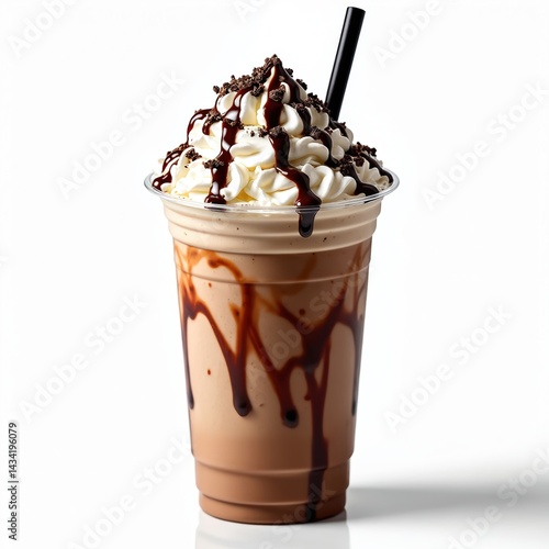 Delicious mocha frappe in plastic cup, topped with whipped cream and chocolate sauce. Sweet iced coffee beverage, favorite coffee shop menu. Refreshing drink to quench thirst during hot summer days.