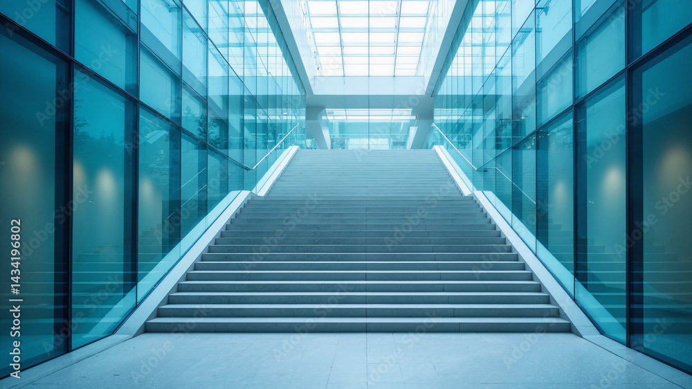 The image shows a stairway in a modern building with glass walls and a skylight above it. The stairs lead up to the top of the building The image shows a stairway in a modern building with glass walls and a skylight above it. The stairs lead up to the top of the building