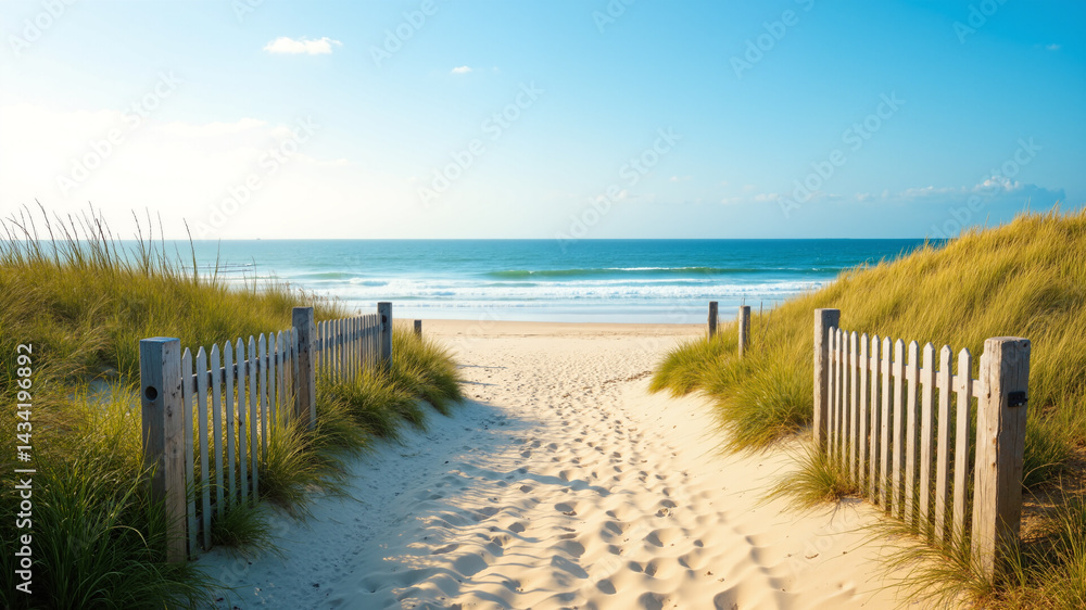 Fototapeta premium The image shows a path leading to the beach with sand dunes and a wooden fence on either side. The path is surrounded by lush green grass and the ocean is visible in the background