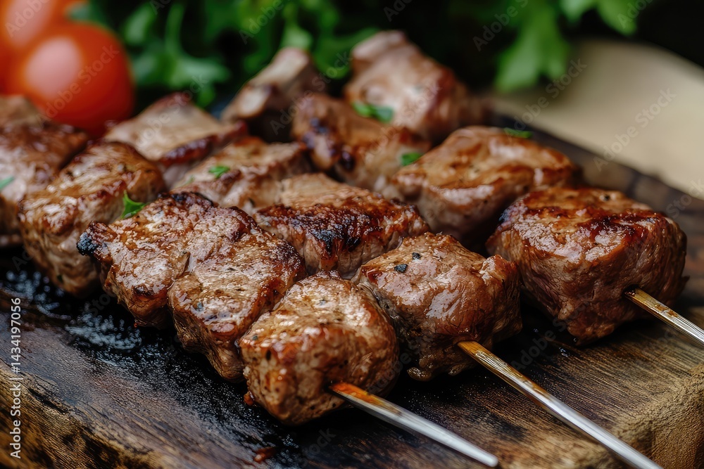 Meat on skewer. AI generated illustration. Meat on skewer. AI generated illustration.