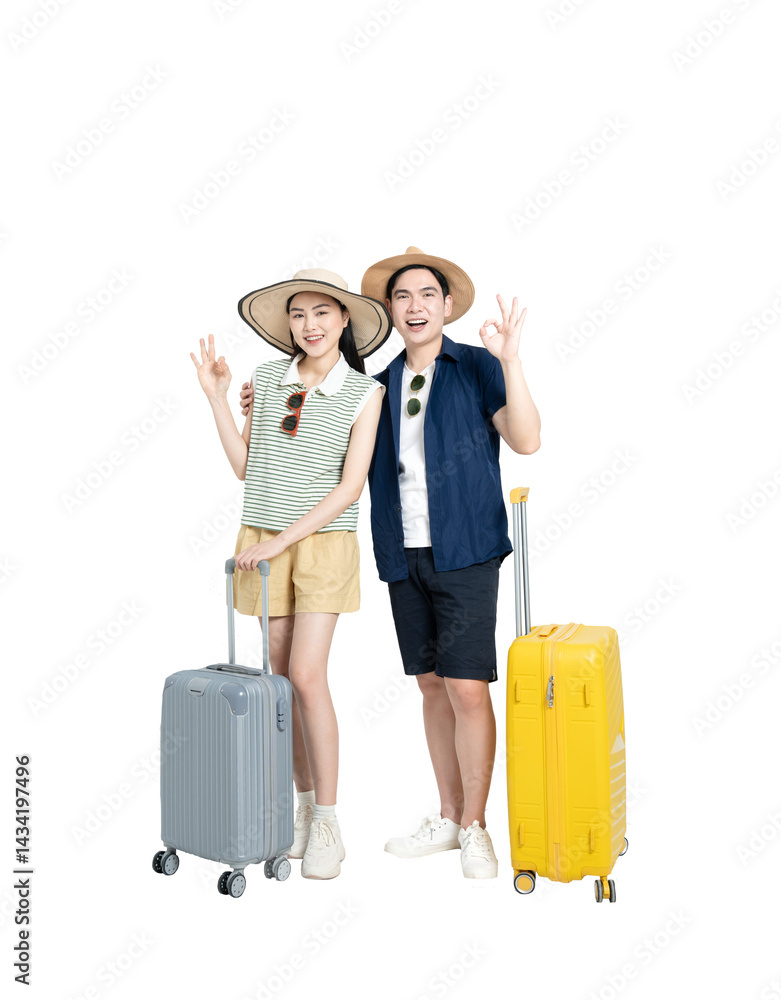 Ready for Adventure: An excited couple stands ready for their travels with their luggage, capturing the essence of wanderlust and the thrill of exploring new horizons. Ready for Adventure: An excited couple stands ready for their travels with their luggage, capturing the essence of wanderlust and the thrill of exploring new horizons.