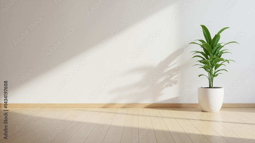 The image shows a potted plant sitting on top of a wooden floor in front of a white wall. The plant is in a white pot The image shows a potted plant sitting on top of a wooden floor in front of a white wall. The plant is in a white pot