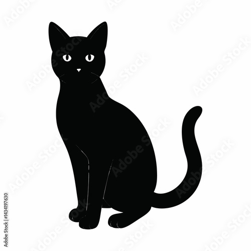 A silhouette of a black cat walking against a stark white background. The minimalist design emphasizes contrast and elegant feline motion.