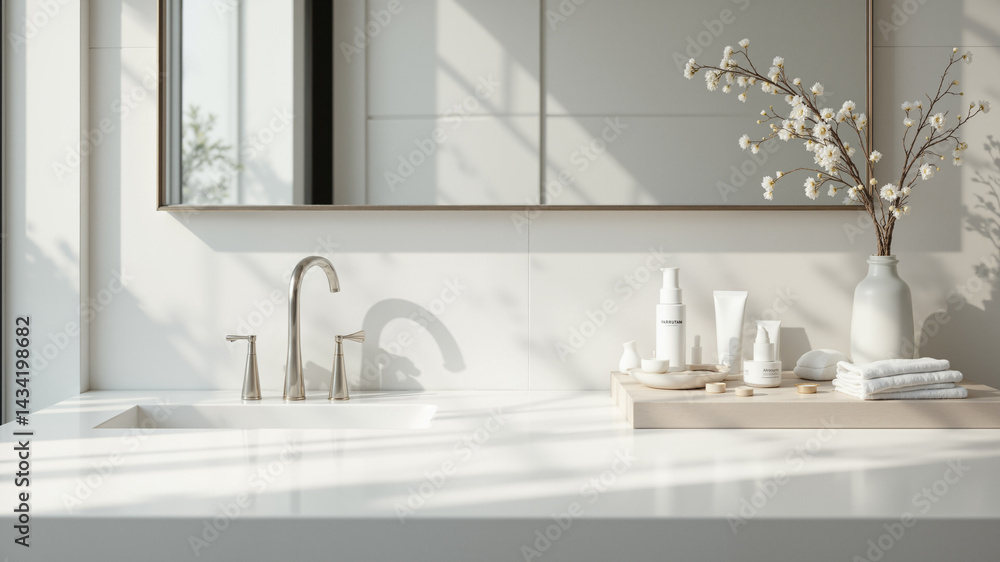 Fototapeta premium The image shows a bathroom with a white sink sitting under a mirror next to a window. On the countertop