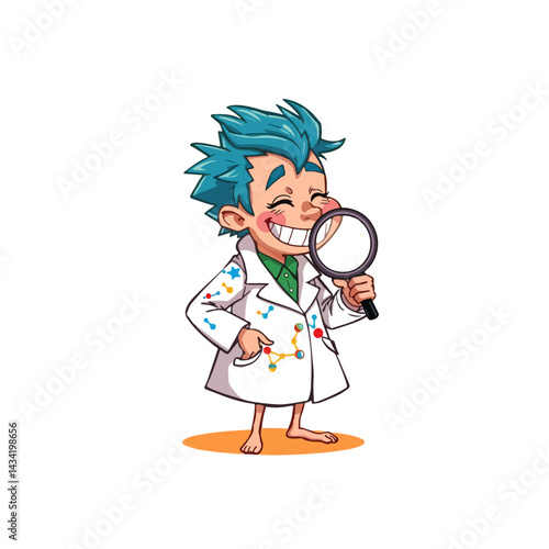 A colorful and cheerful cartoon-style scientist character with spiky blue hair, wearing a lab coat decorated with molecular symbols. The character is smiling widely and holding a magnifying glass