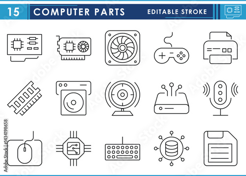 A set of line icons related to Computer Parts. Motherboard, graphics card, RAM, floppy, printer, drive, and so on. Vector editable stroke.