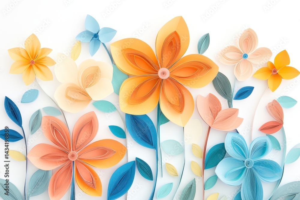 Obraz premium Colorful paper flowers on white background, layered design, intricate details, pastel shades, spring theme, craft, art.