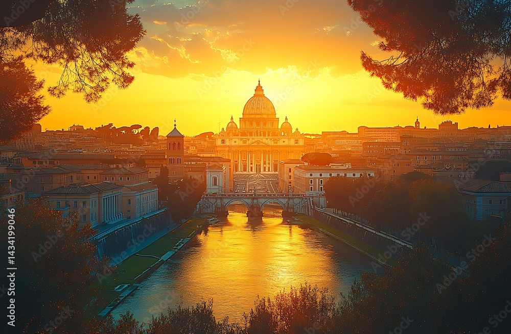 Obraz premium St peters basilica and vatican city skyline at golden sunset hour