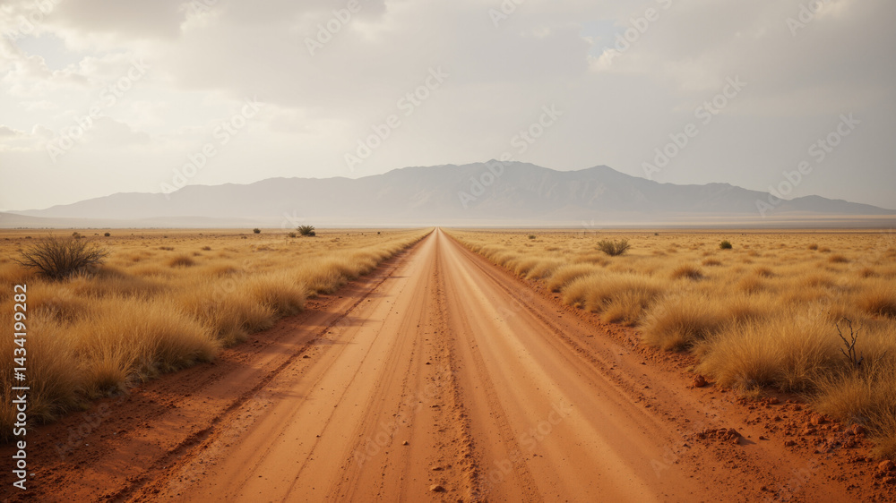 Fototapeta premium The image shows a dirt road winding through a desert landscape