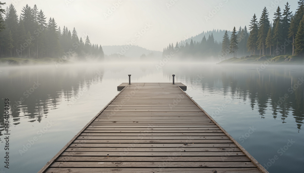 The image shows a wooden dock in the middle of a misty lake The image shows a wooden dock in the middle of a misty lake