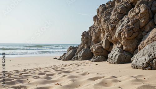The image shows a rocky beach with sand and water in the foreground