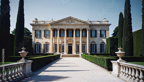 Grand neoclassical mansion with symmetrical columns and sculpted hedges under clear blue sky on sunny summer afternoon