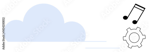 Blue cloud with music note and gear symbols, suggesting digital storage, streaming, connectivity, automation. Ideal for cloud technology, music, data integration, innovation automation efficiency