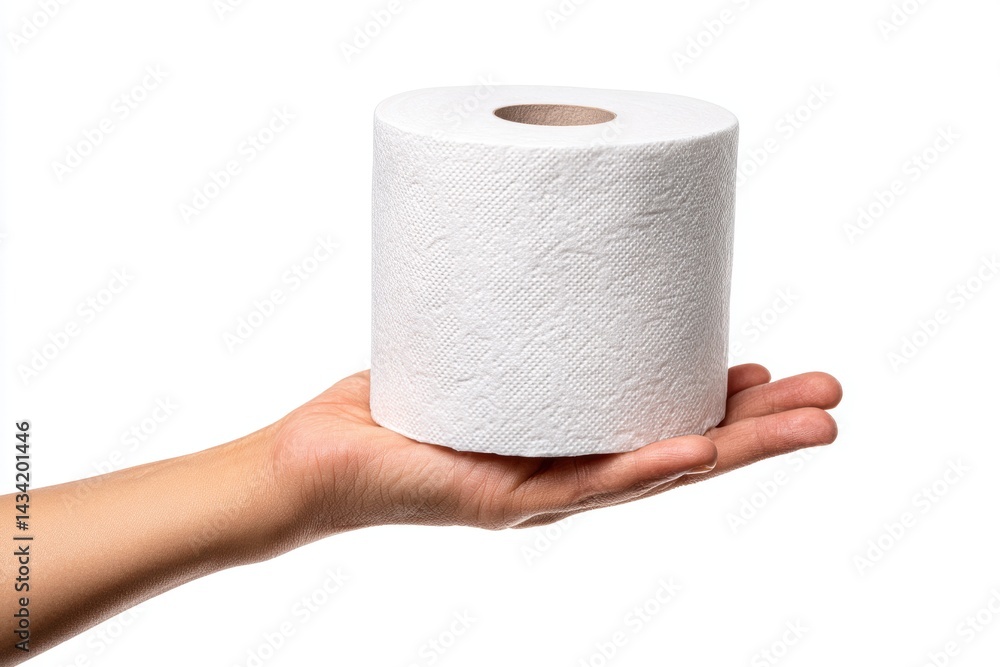 Fototapeta premium Fresh roll of toilet paper held in hand, showcasing texture details, essential household item isolated on white background